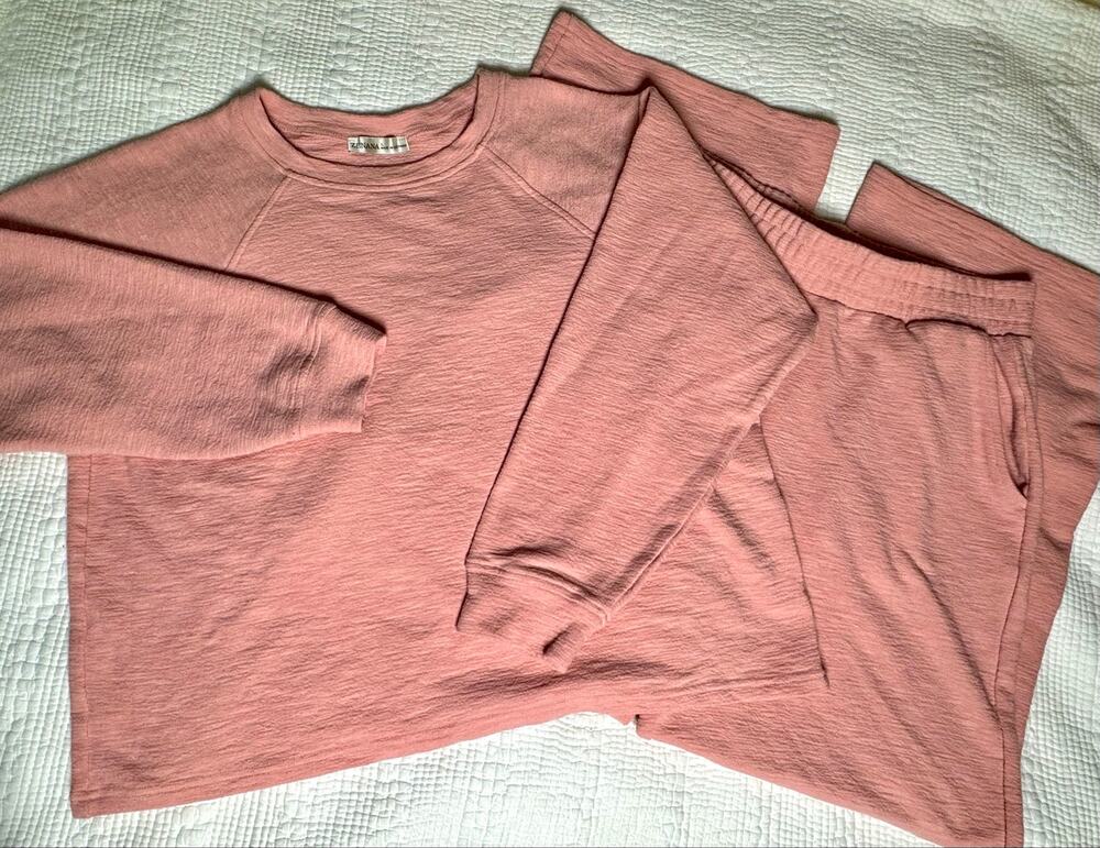 Zenana Lounge Set Womens L Pink Cotton Slub Knit Sweatshirt and Pants Co-ord Set